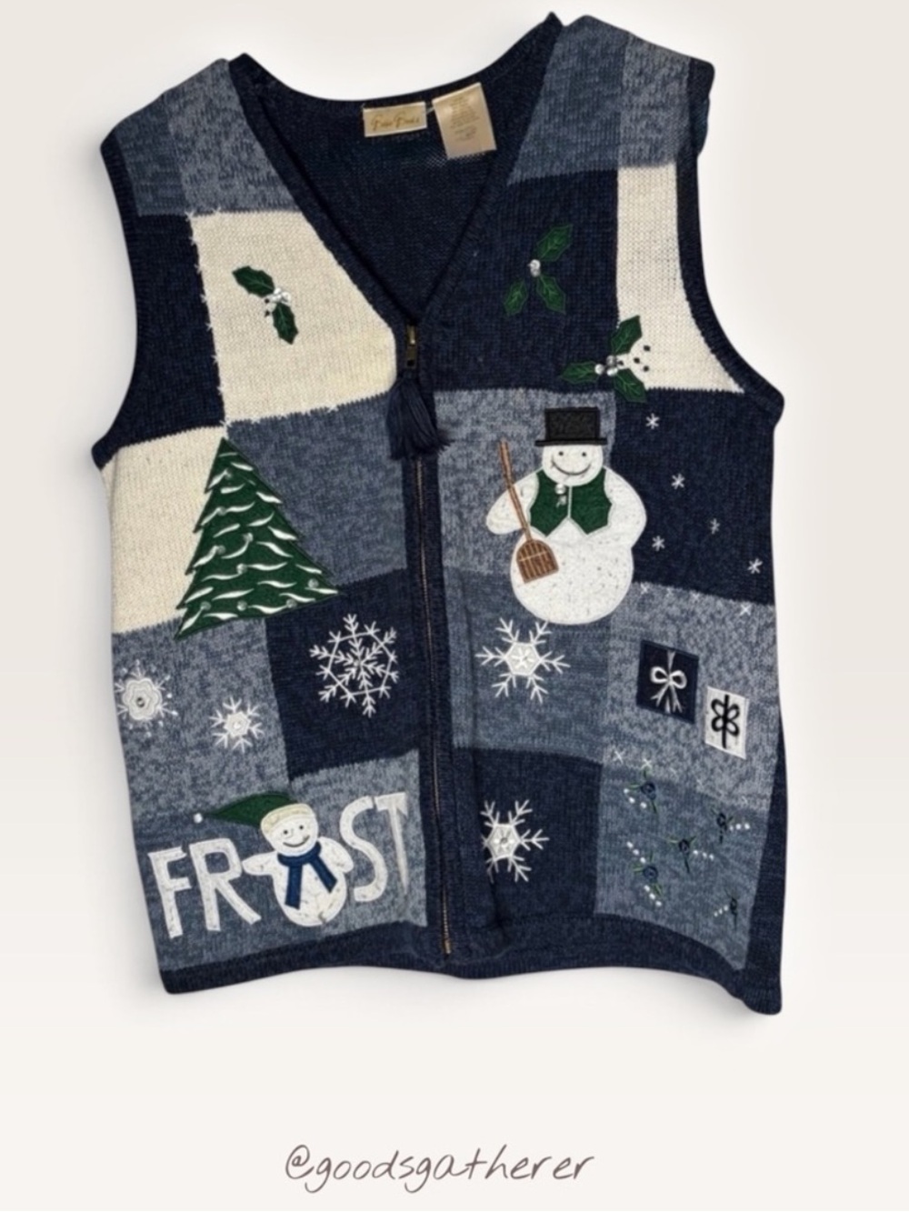 VINTAGE Bobbie Brooks Christmas Sweater Vest M Snowman Patchwork Ramie Cotton